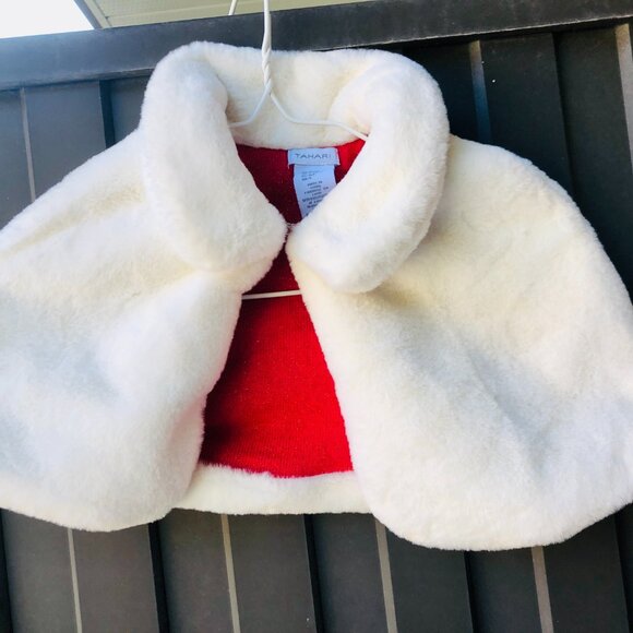 [Kids XS 4] Tahari Faux Fur Girls Shrug White Red Holiday Christmas Capelet Cozy - Picture 2 of 4